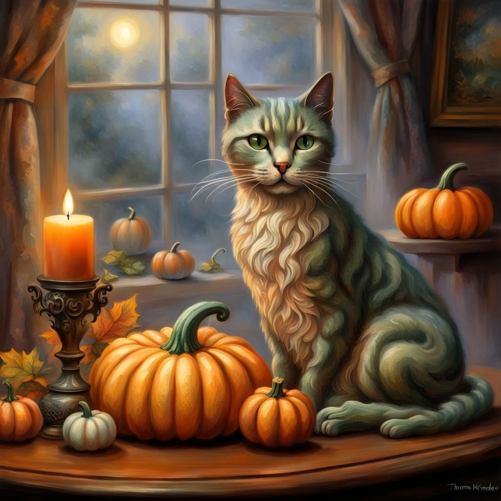 cat and pumpkin on a table