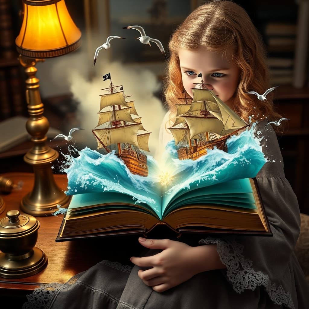 Girl Amazed by Holographic Pirate Battle, 3D Render