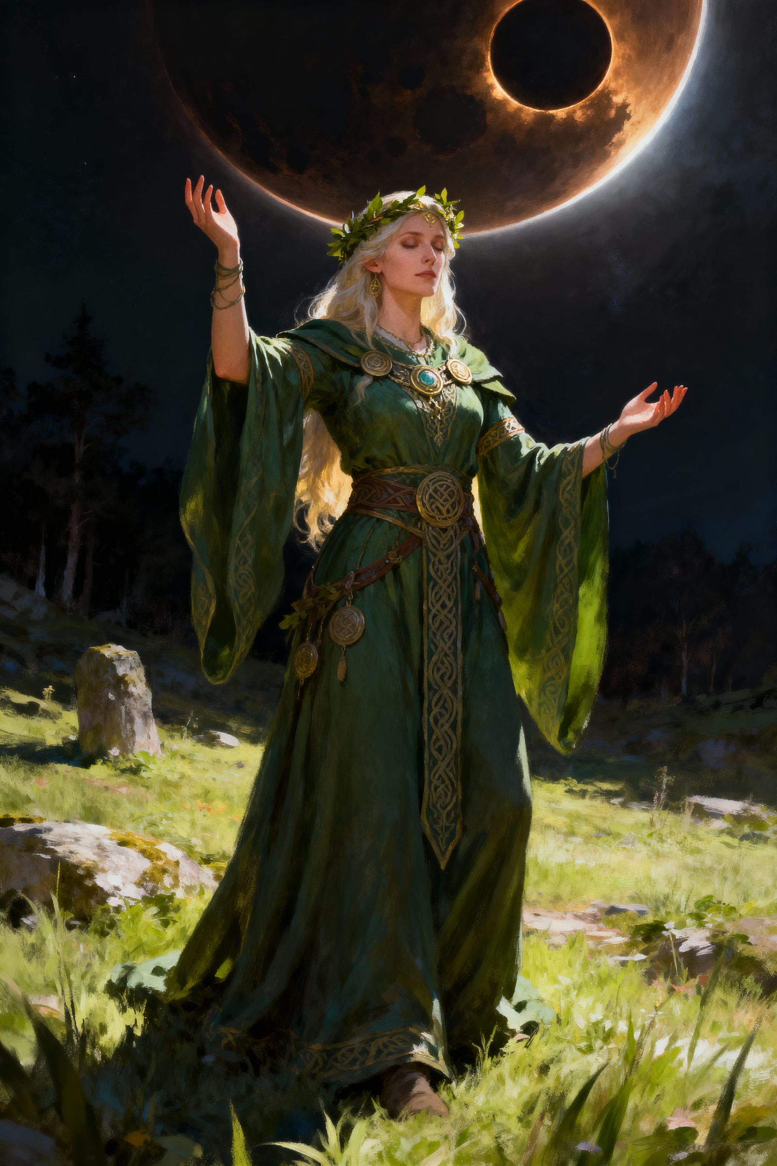 Irish Priestess Ritual Under Eclipse Oil Painting