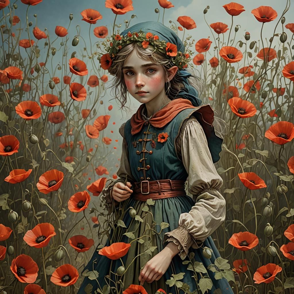 Poppy Flower Elf in Detailed Fantasy Art
