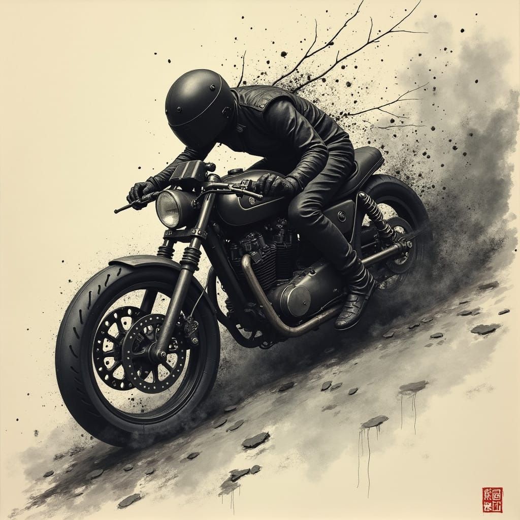 Dark Motorcyclist Crash in Chinese Ink Style