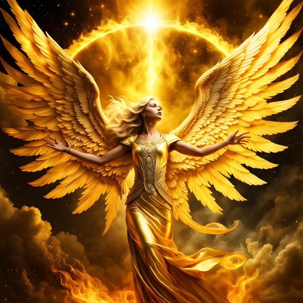Golden Archangel Descending from Heaven in Digital Painting
