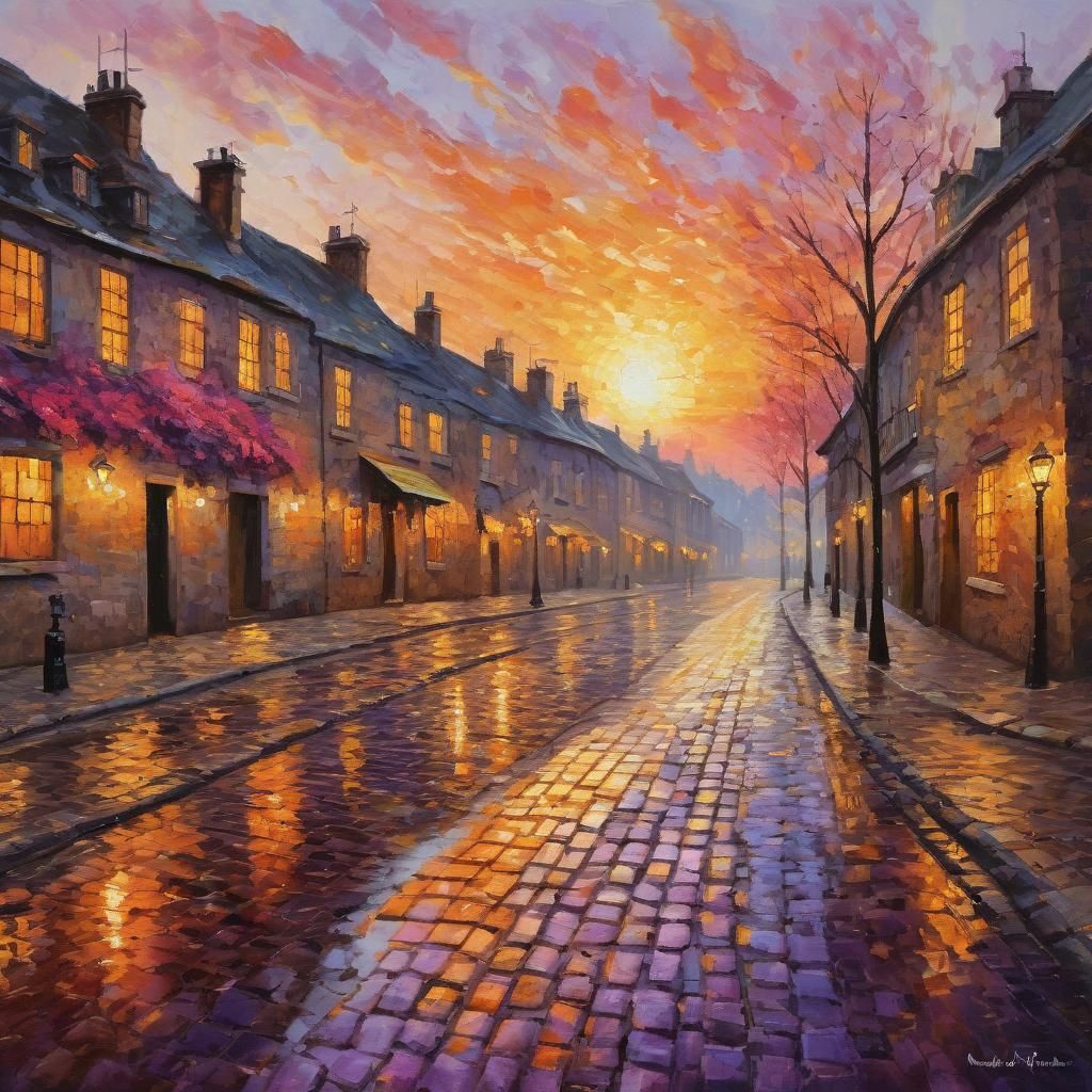 Impressionist Sunset Over Cobblestone Street