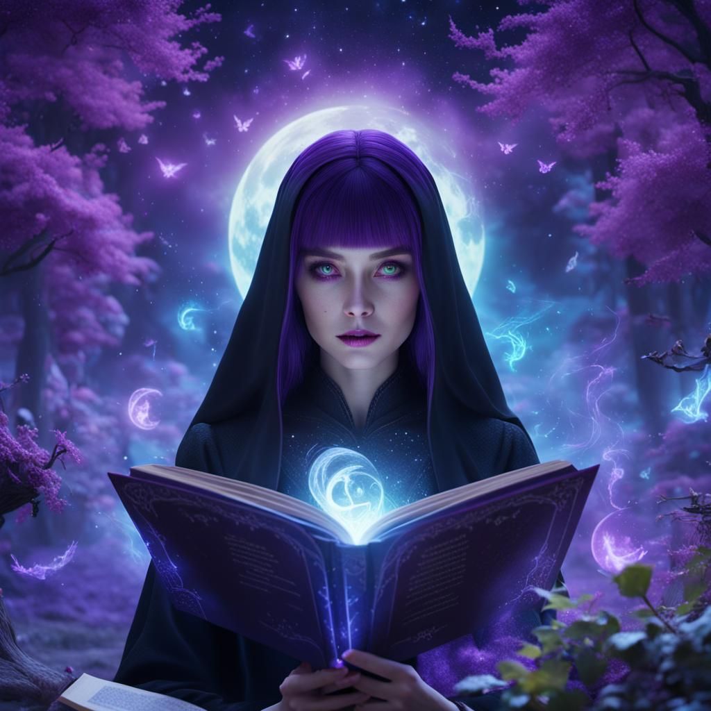 Purple Witch Reading Book in Fantasy Style