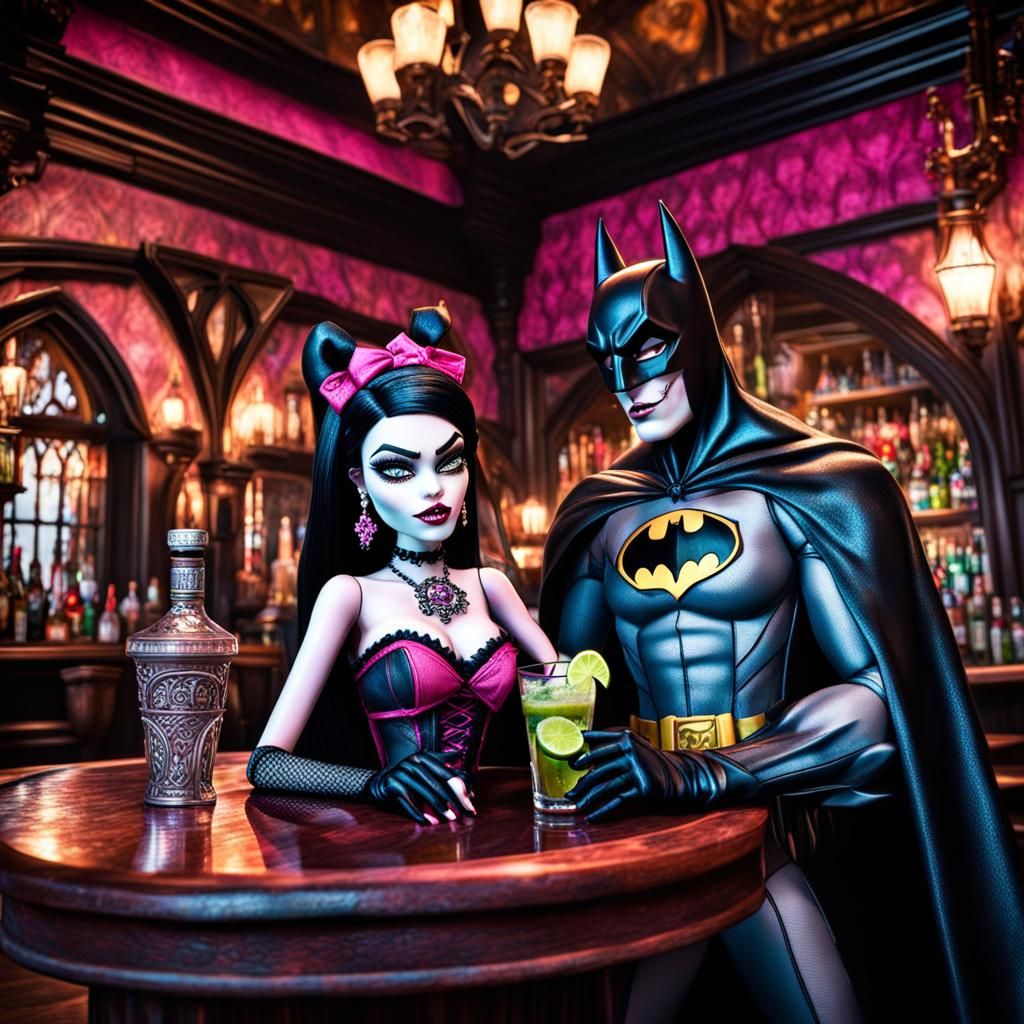 monster high draculaura drinking tequila and lime with batman in a gothic pub