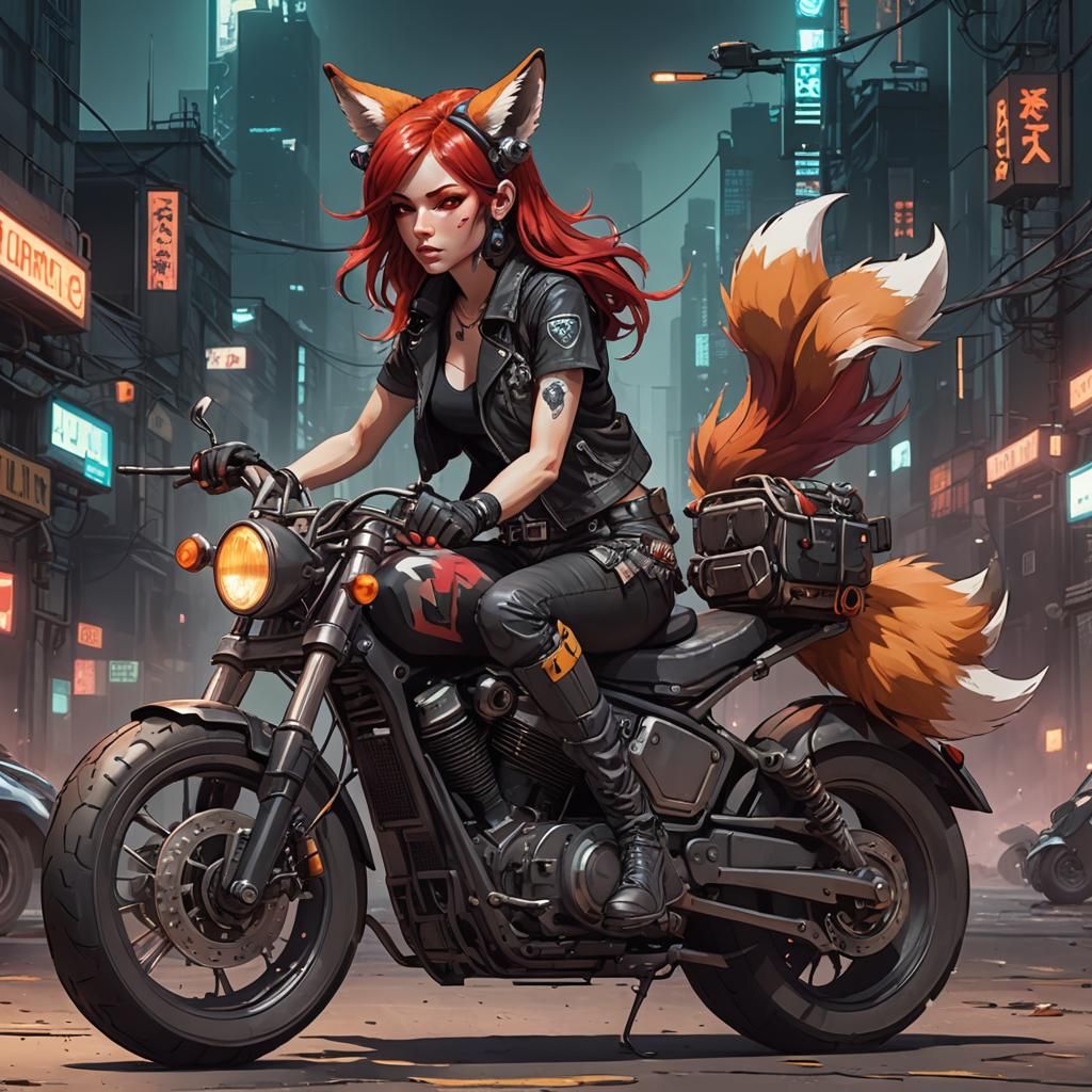 Cyberpunk Fox Girl on Motorcycle