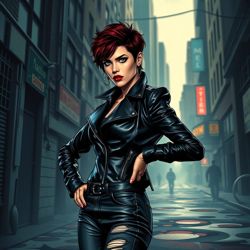 Confident Comic Book Heroine in Gritty Urban Landscape