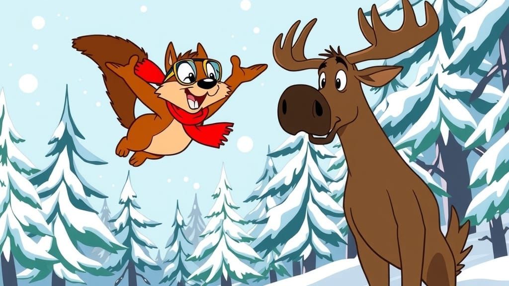 Flying Squirrel and Moose in a Vibrant 1960s Cartoon Snowsca...