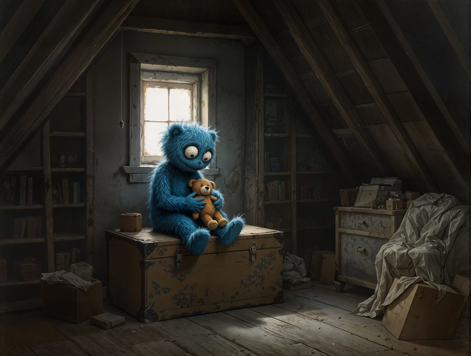 A Blue Bear's Melancholy Vigil in a Dusty Attic