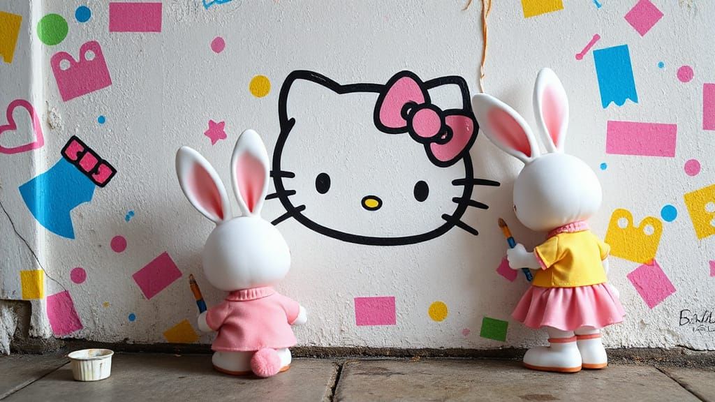 kawaii chibi bunnies painting a Hello Kitty mural