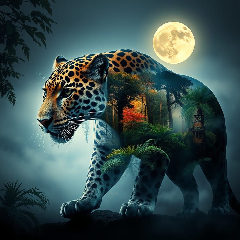 Majestic Jaguar in Lush Moonlit Jungle