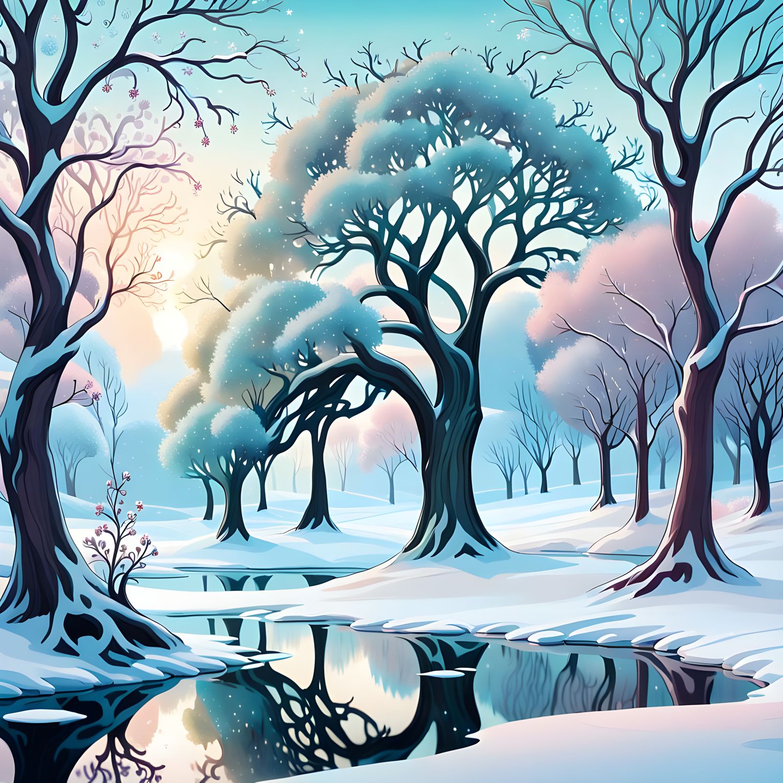Whimsical Art Nouveau Winter Orchard Scene