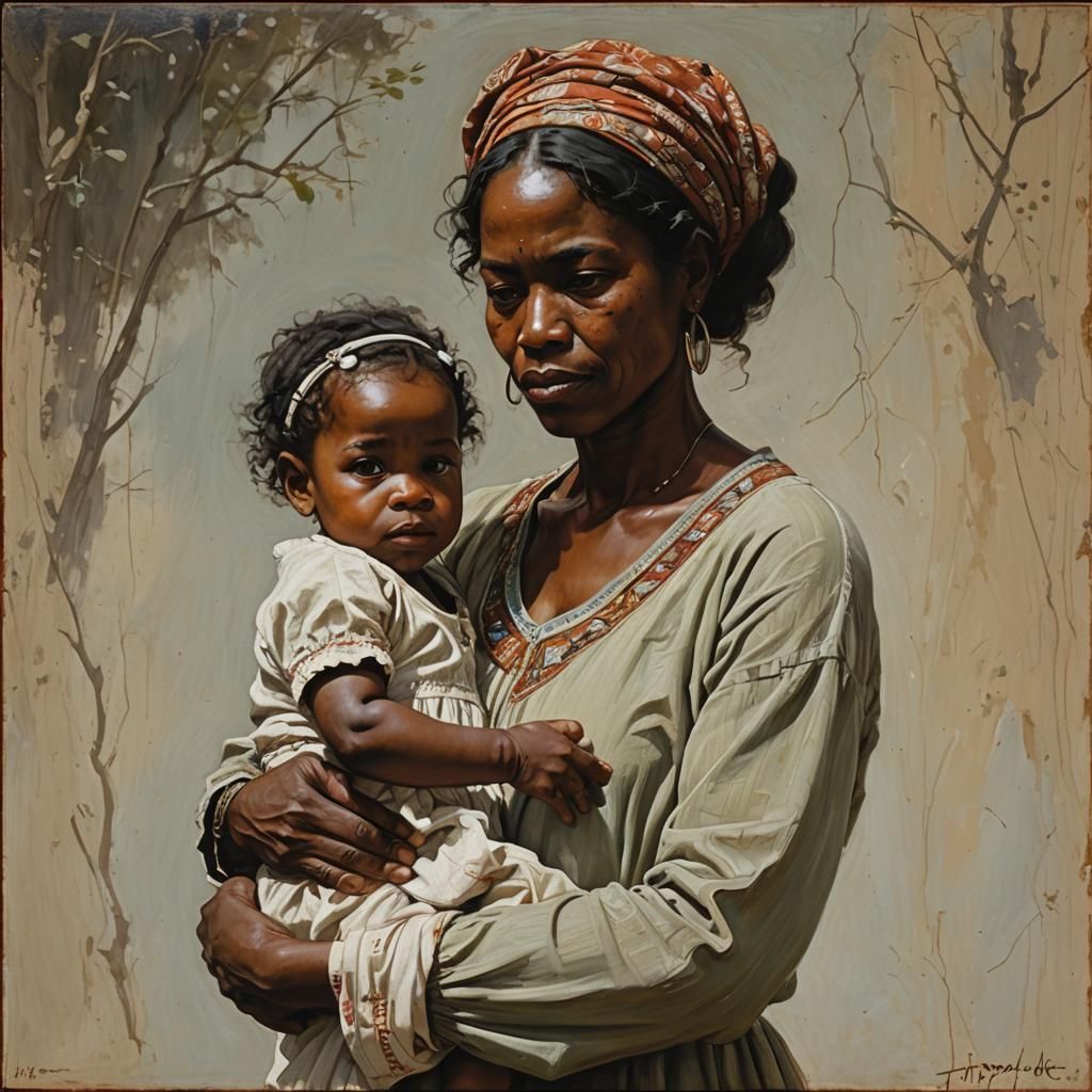 Touching Oil Painting: Mother and Child Portrait