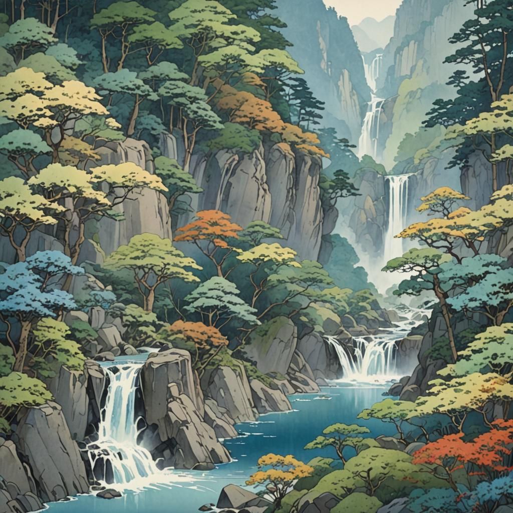 Misty Japanese Mountains in Watercolor Style