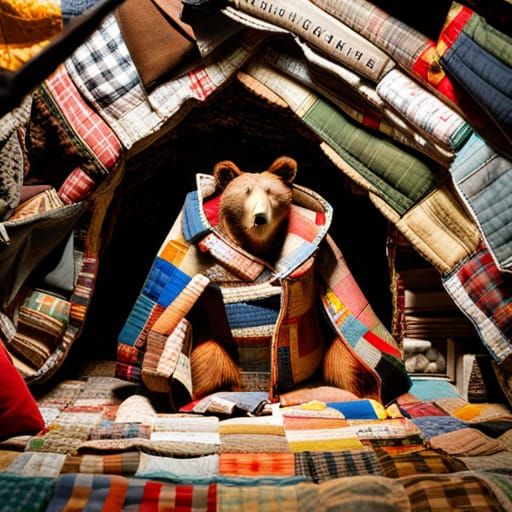 Bear in Recycled Cave with Patchwork Quilt
