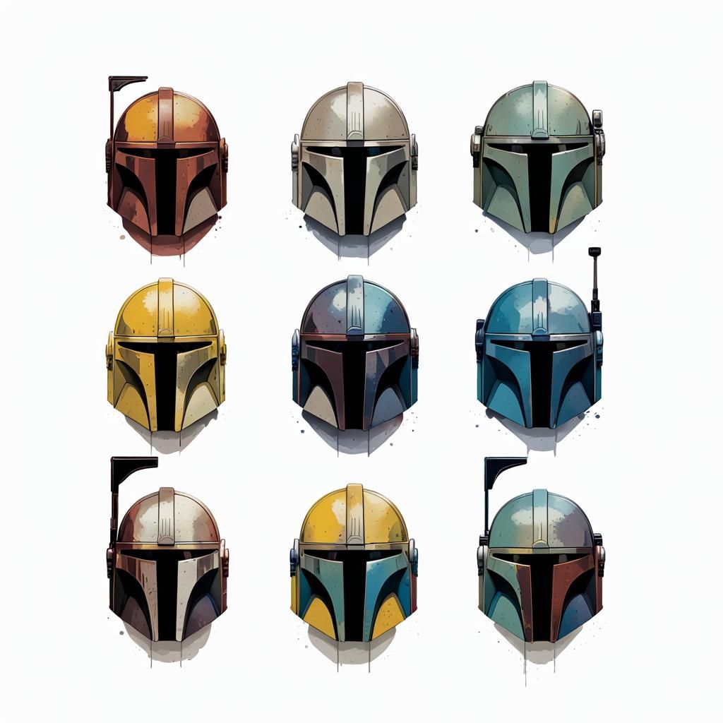 Battle-Worn Mandalorian Helmets in Pop Art Style