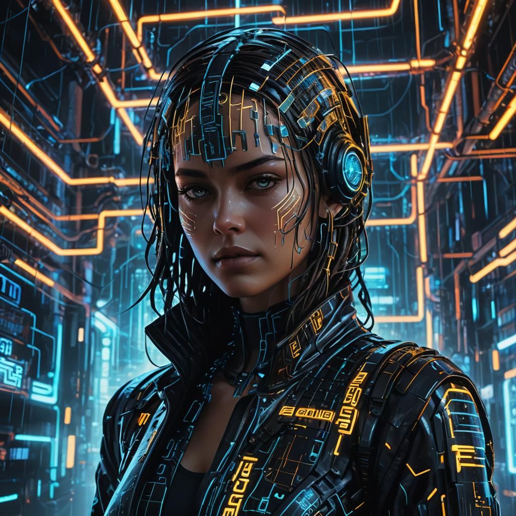 Cyberpunk Figure in Neon Grid with Glowing Chain