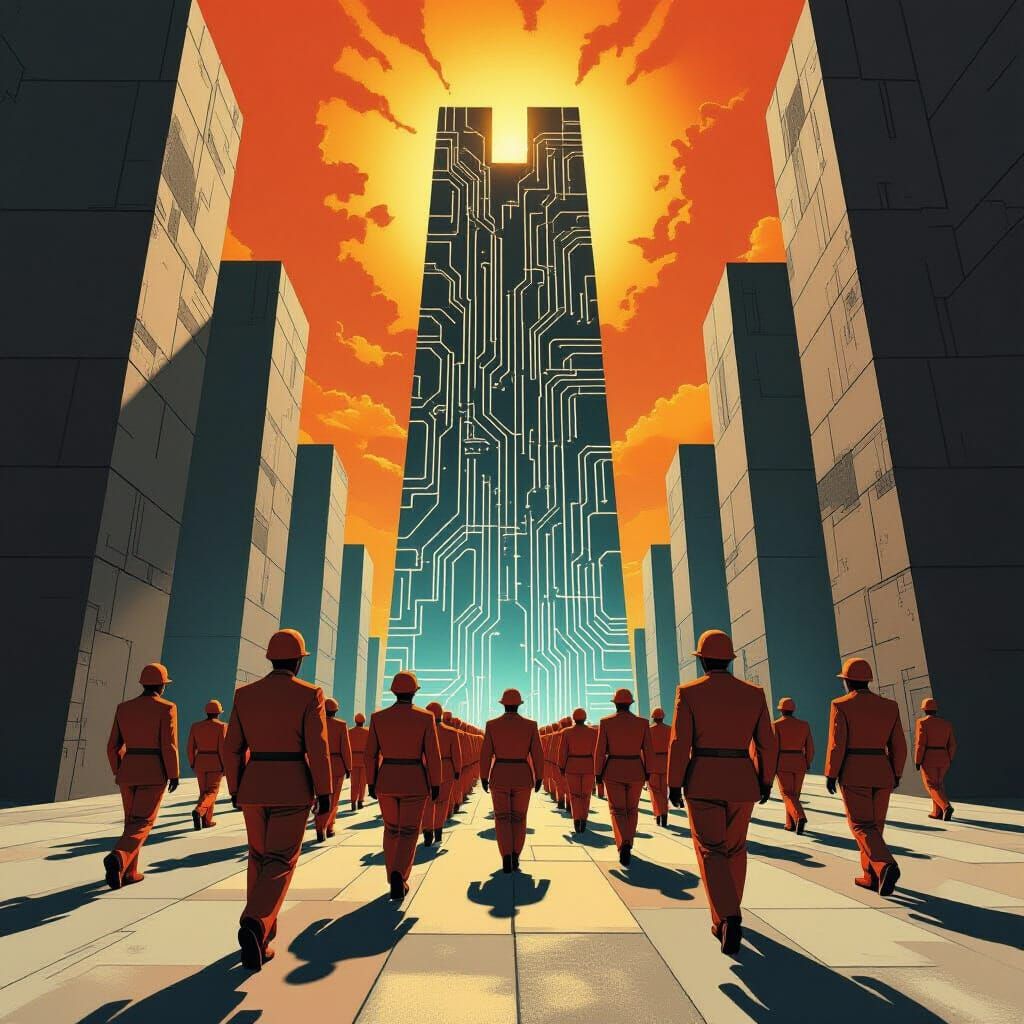 Neurons March to Brutalist Tower: Surreal Digital Art