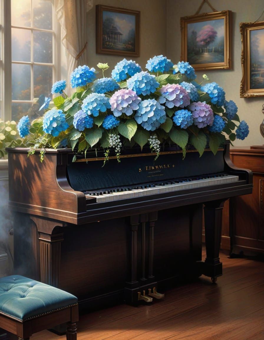 Ethereal Piano with Hydrangeas in Mist