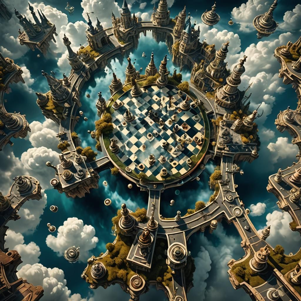 Surreal Chessboard Landscape with Roulette Wheels