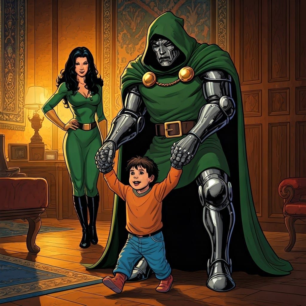 Doctor Doom Teaches Toddler to Walk in Cozy Castle Living Ro...
