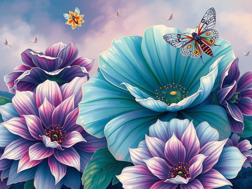 Whimsical Floral Dreamscape in Vibrant Colors