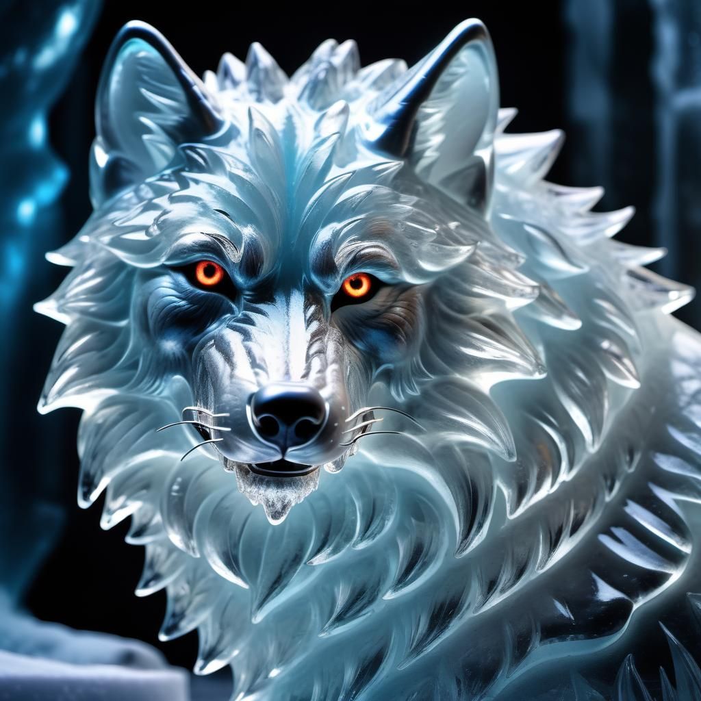 Magnificent Ice Wolf Sculpture with Inner Glow