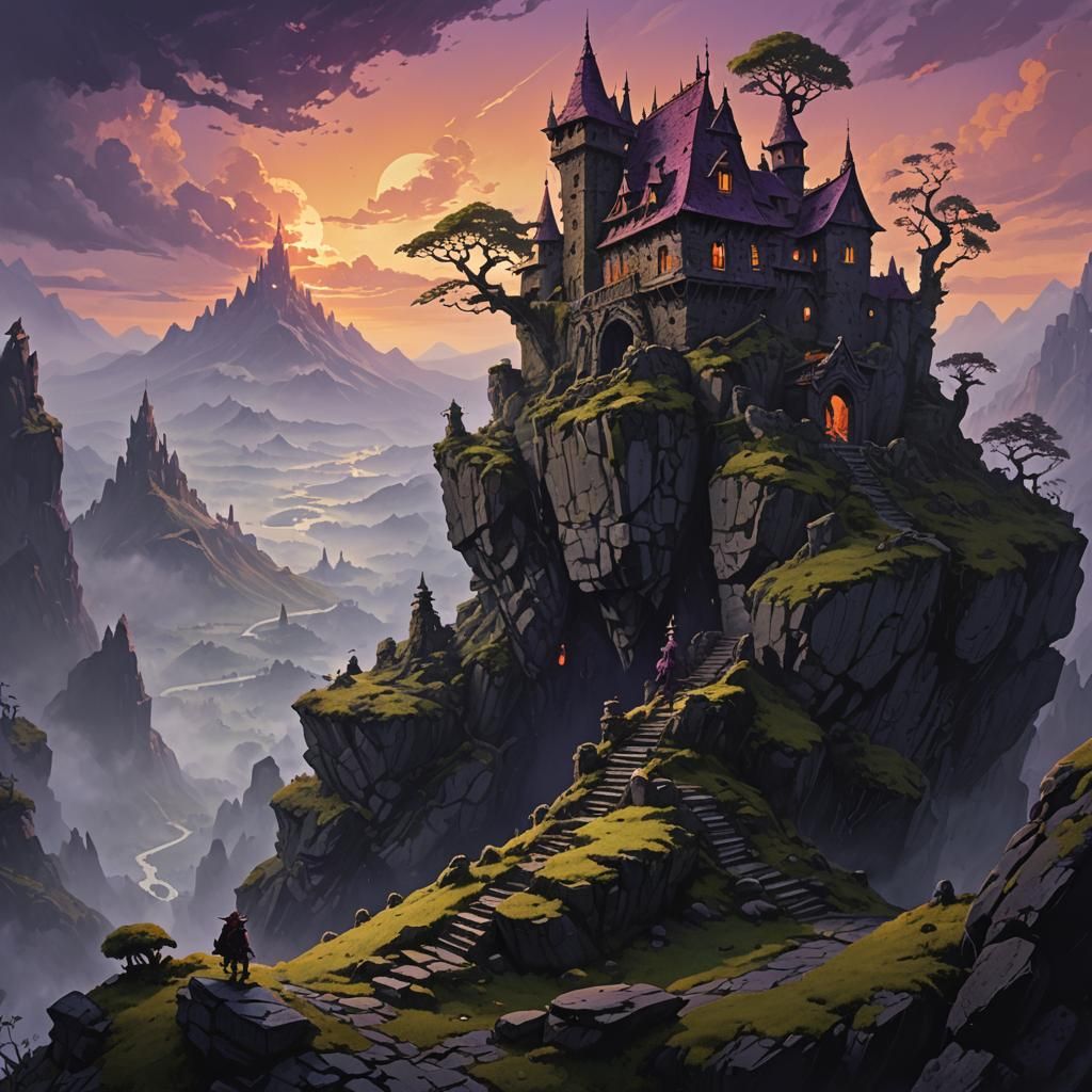 Goblin Castle on Craggy Peak: Dark Fantasy Art