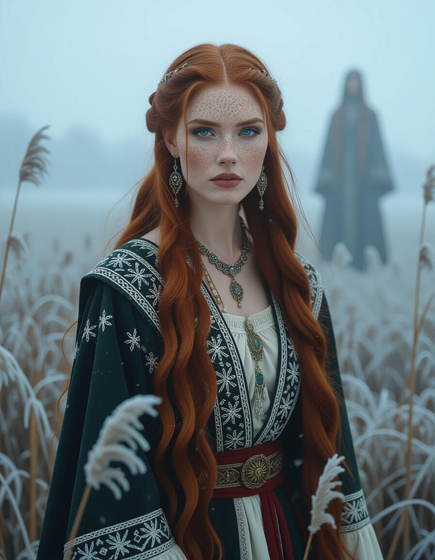 Slavic Goddess in Misty Winter Landscape