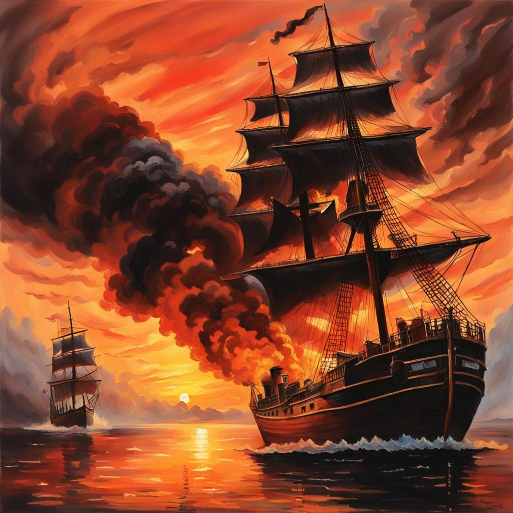 Burning Ship Sinking at Sunset: Gouache Painting