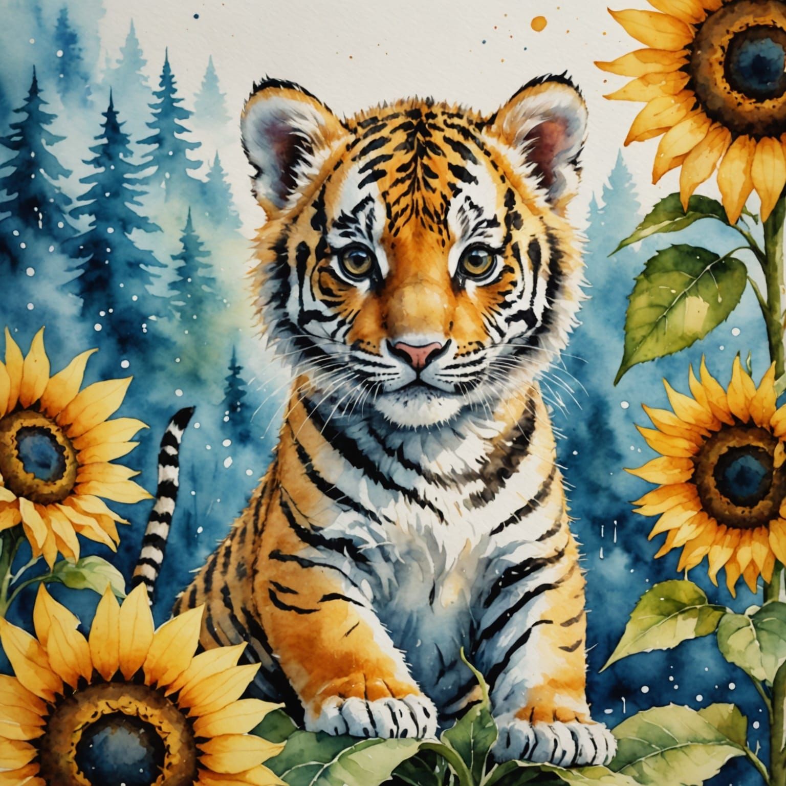 Vibrant Tiger Cub Amidst Winter Sunflowers in the Ussuri Tai...