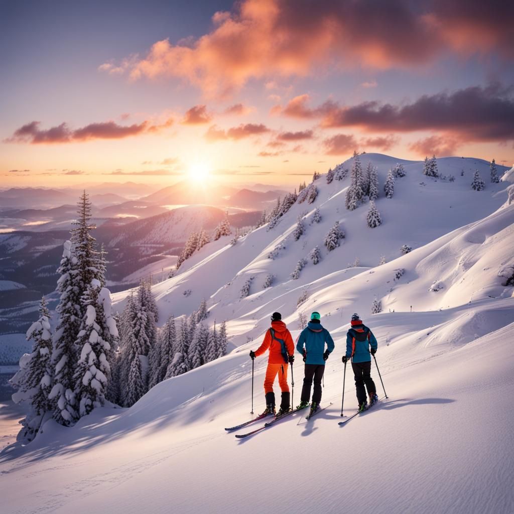 Winter Sports Camaraderie at Sunset in Snowy Mountains
