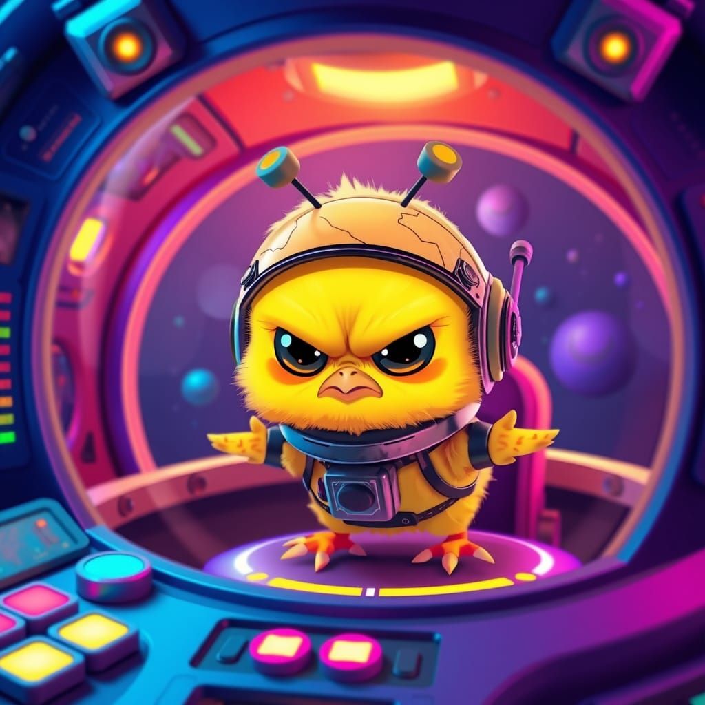 Grumpy Alien Chick in UFO Cockpit: 3D Cartoon