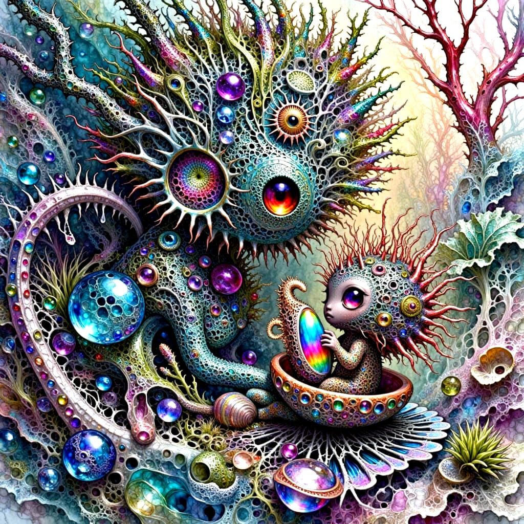 Wool Creature Mother and Baby Doll in Ethereal Web