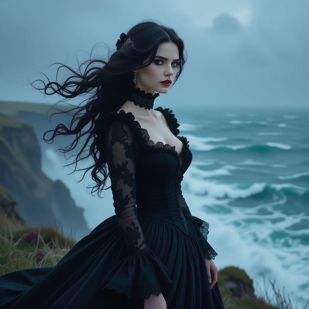 Gothic Woman on Cliff Overlooking Stormy Sea