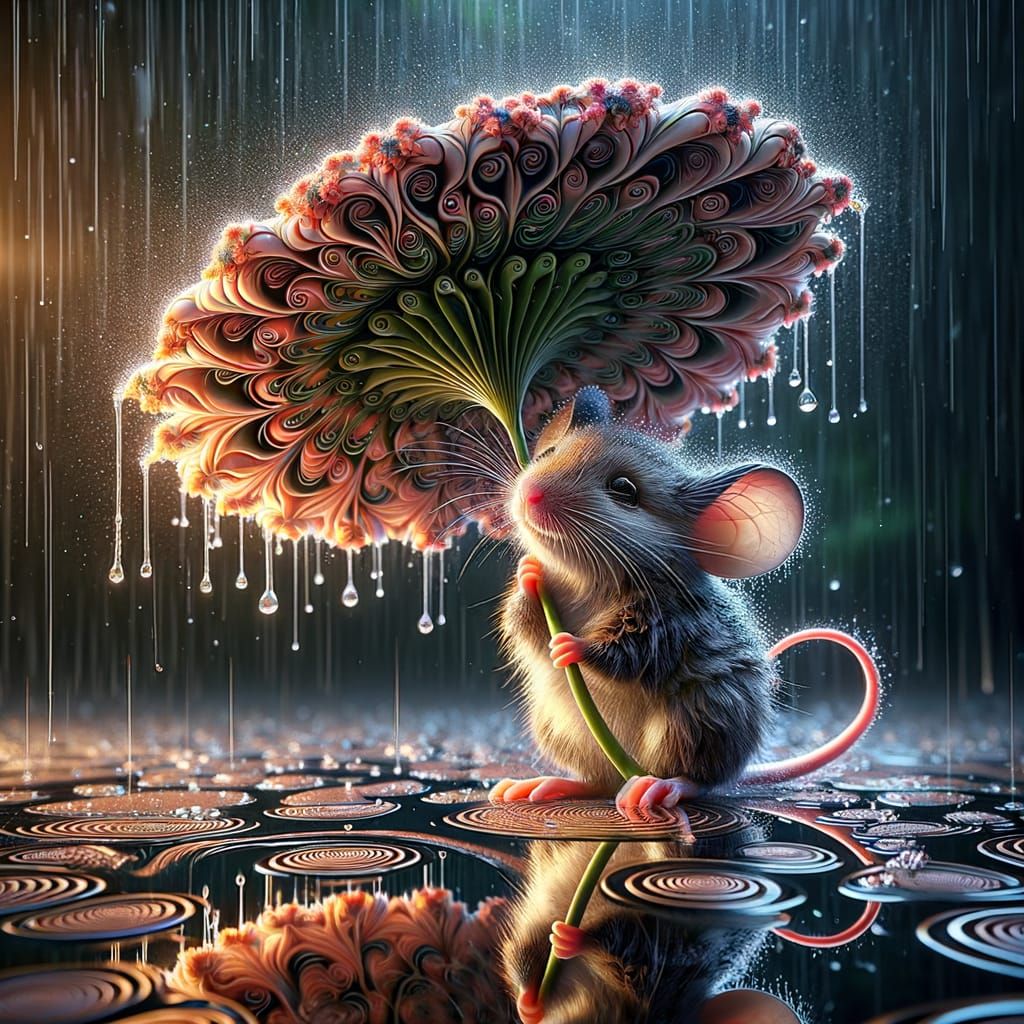 Surreal Mouse Finds Shelter from Rain with Vibrant Flower Um...