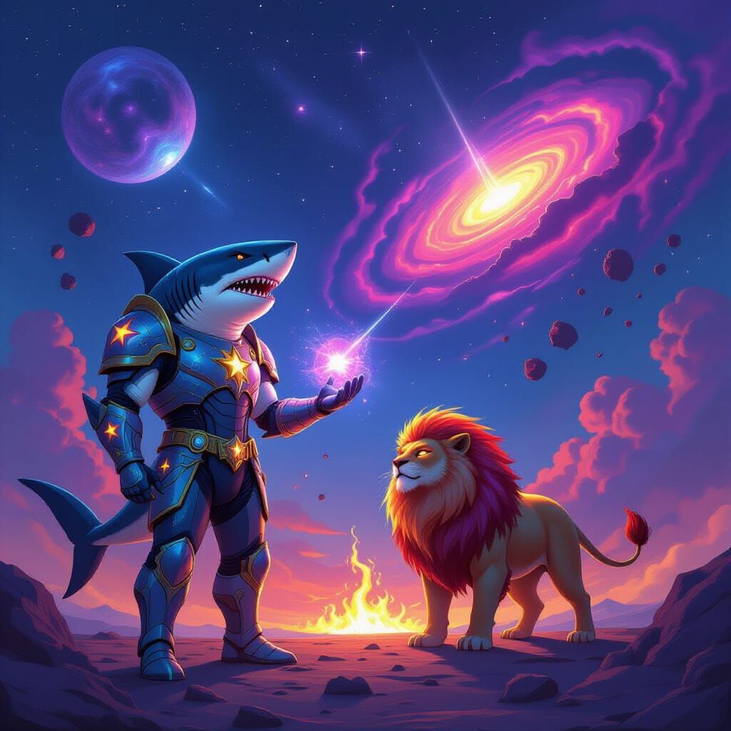 Shark Hero Witnessing Cracked Nebula in Dystopian Sci-Fi Sty...