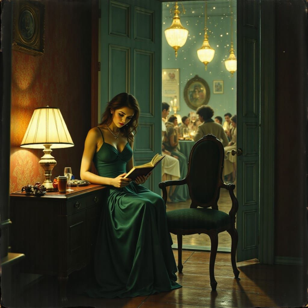 Woman Reading by Lamp Amidst New Year's Eve Party