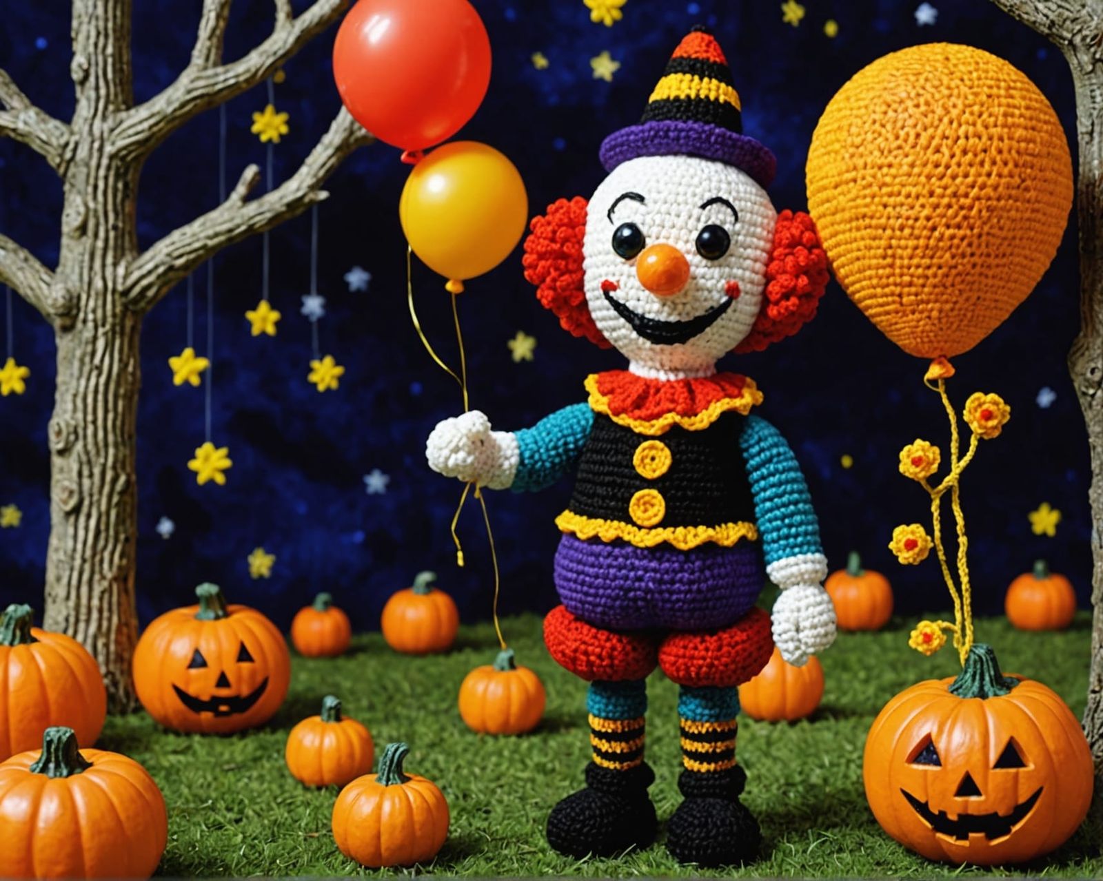Klimt-Inspired Crochet Halloween Clown with Starry Sky