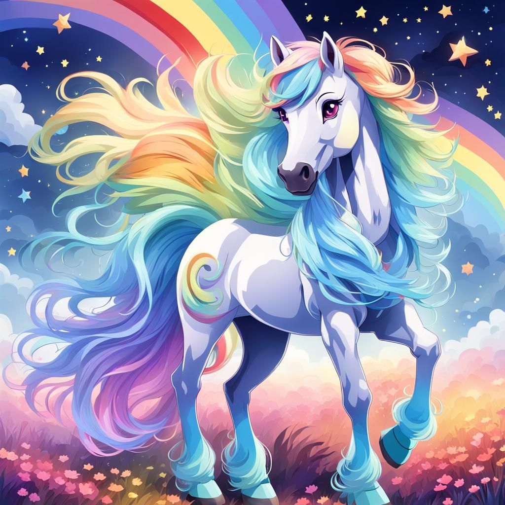 Glowing Pony with Rainbow Mane and Sky Blue Coat
