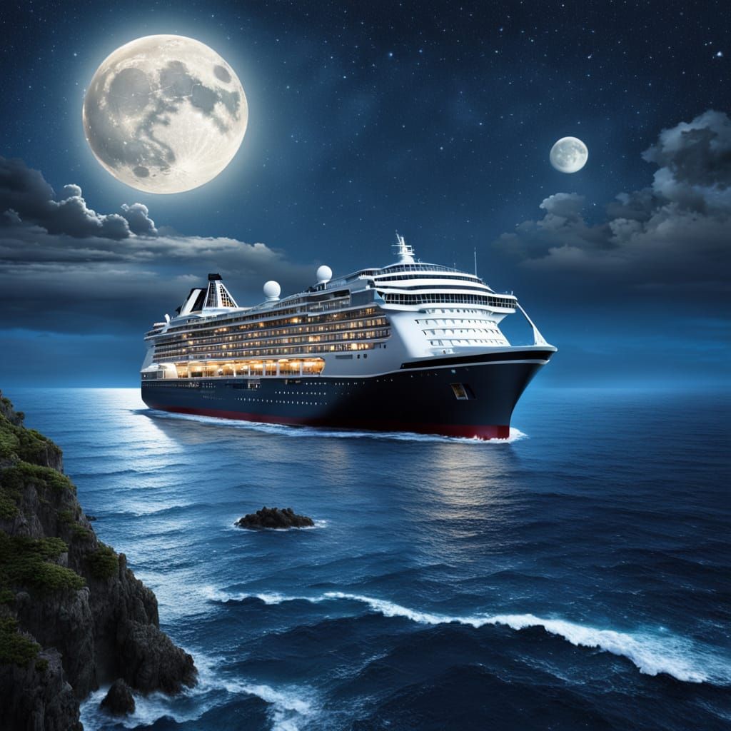 Cruise Ship at Sea Under Starry Moonlit Sky