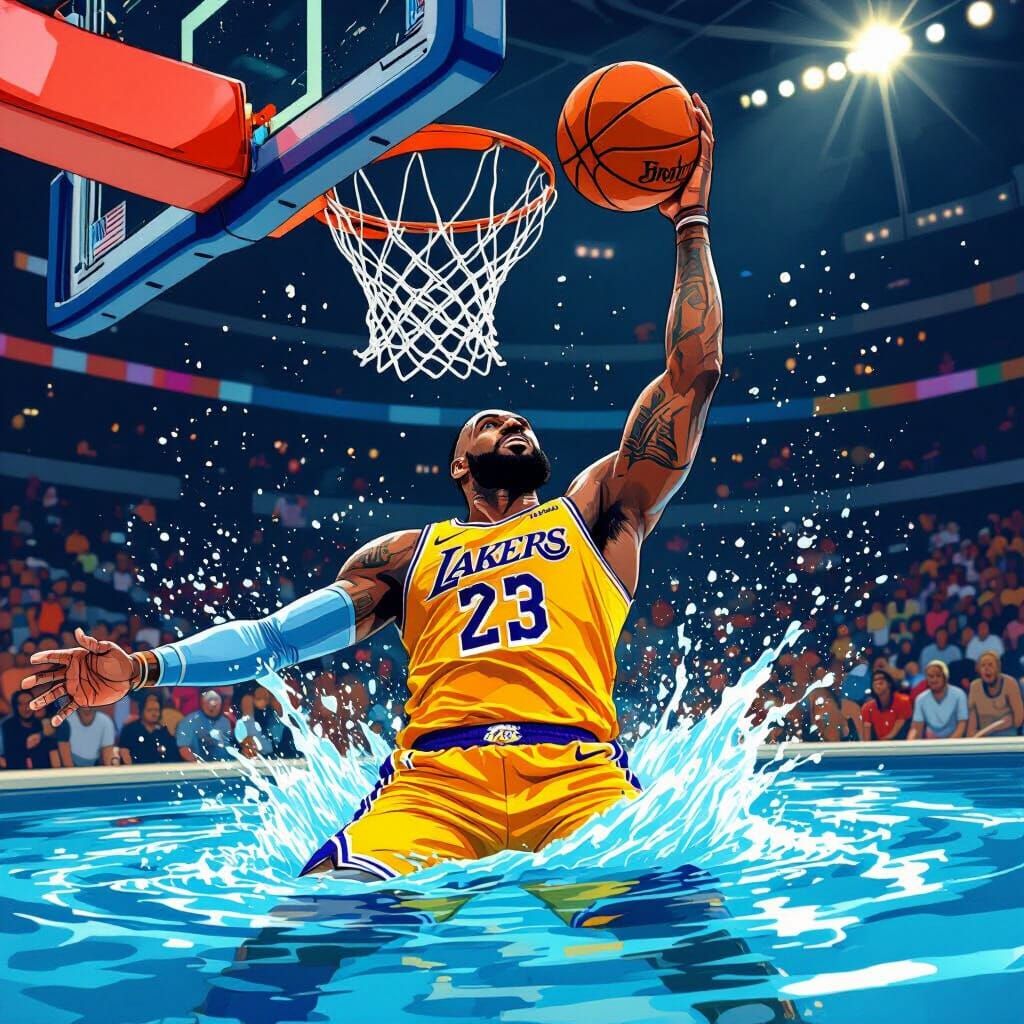 LeBron James Dunking in a Pool in Comic Book Style