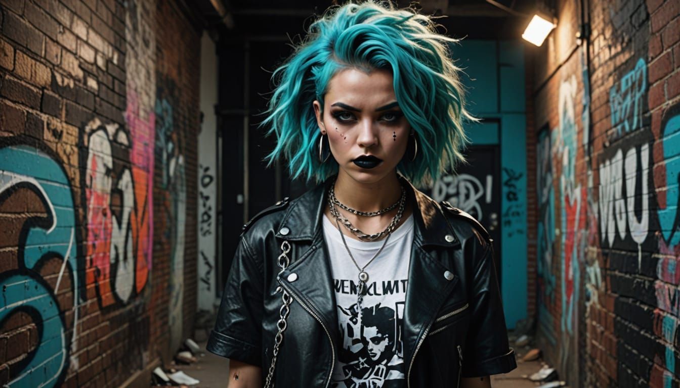 Gritty Urban Punk Art: Electric Cyan Hair