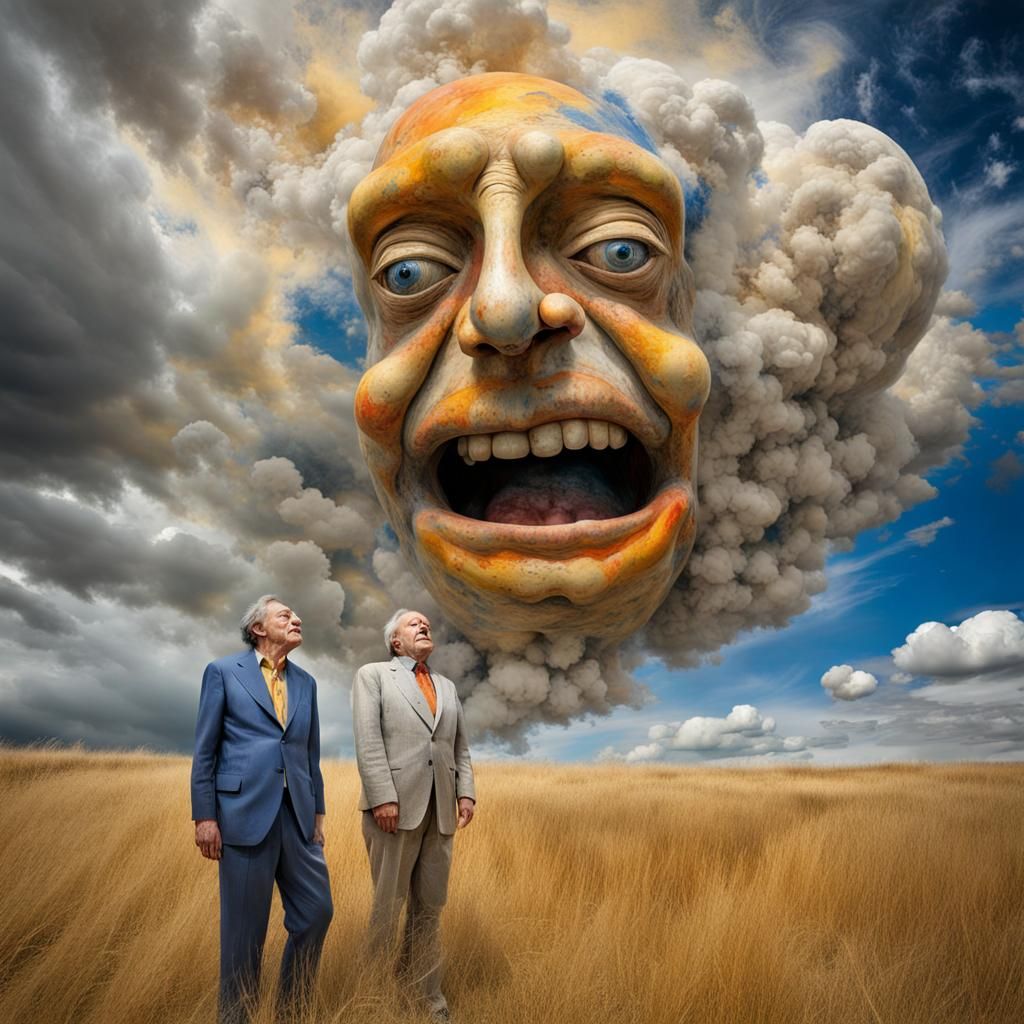 Cosmic Characters Play Among Clouds in Oil Painting