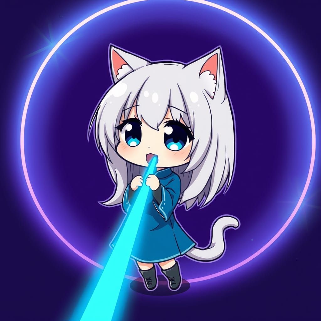 Chibi Anime Catgirl Fires Laser in Synthwave Neon