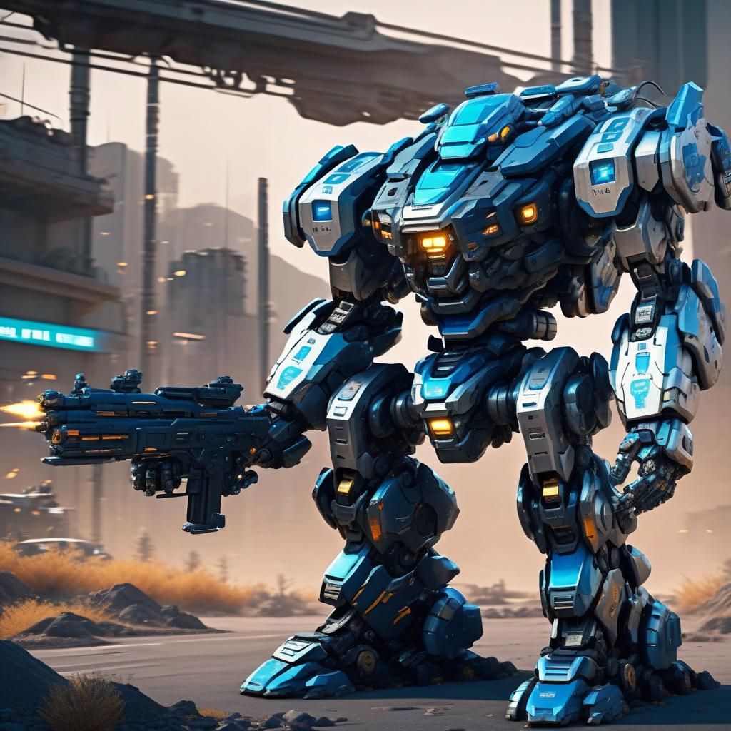 Futuristic Police Mech with Guns in Sci-Fi City