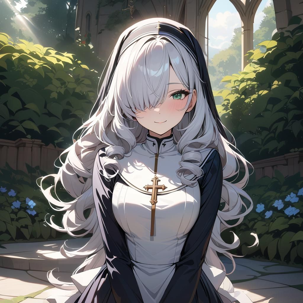 Nun with White Hair in Sunlit Garden