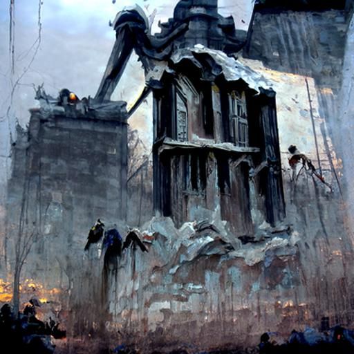 Horror Building at Dusk in Engraving Style