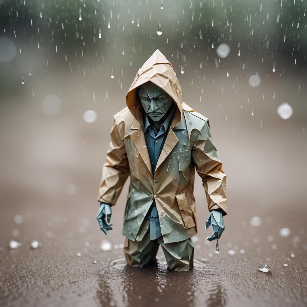 Melting Origami Gentleman Disappears in Rainy Soft Focus