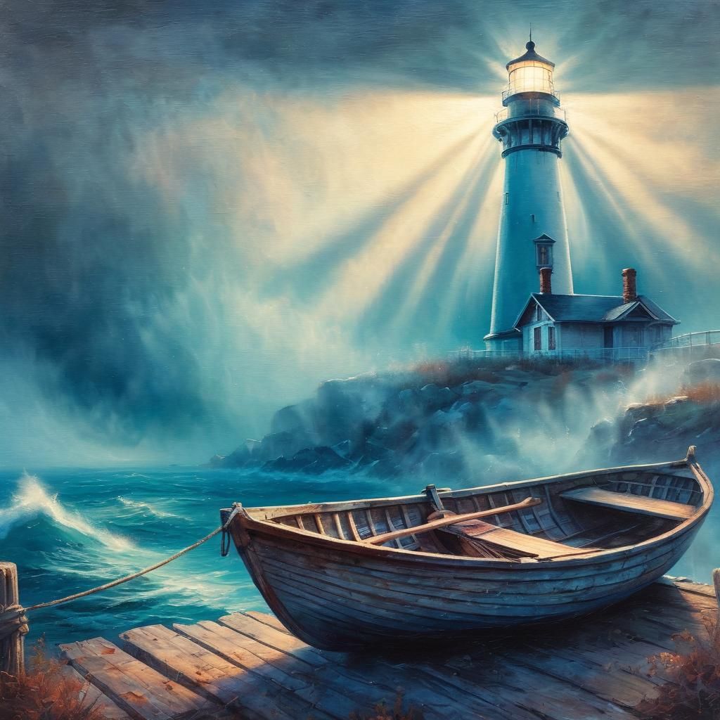 Lighthouse and Rowboat in Fog, Maritime Painting
